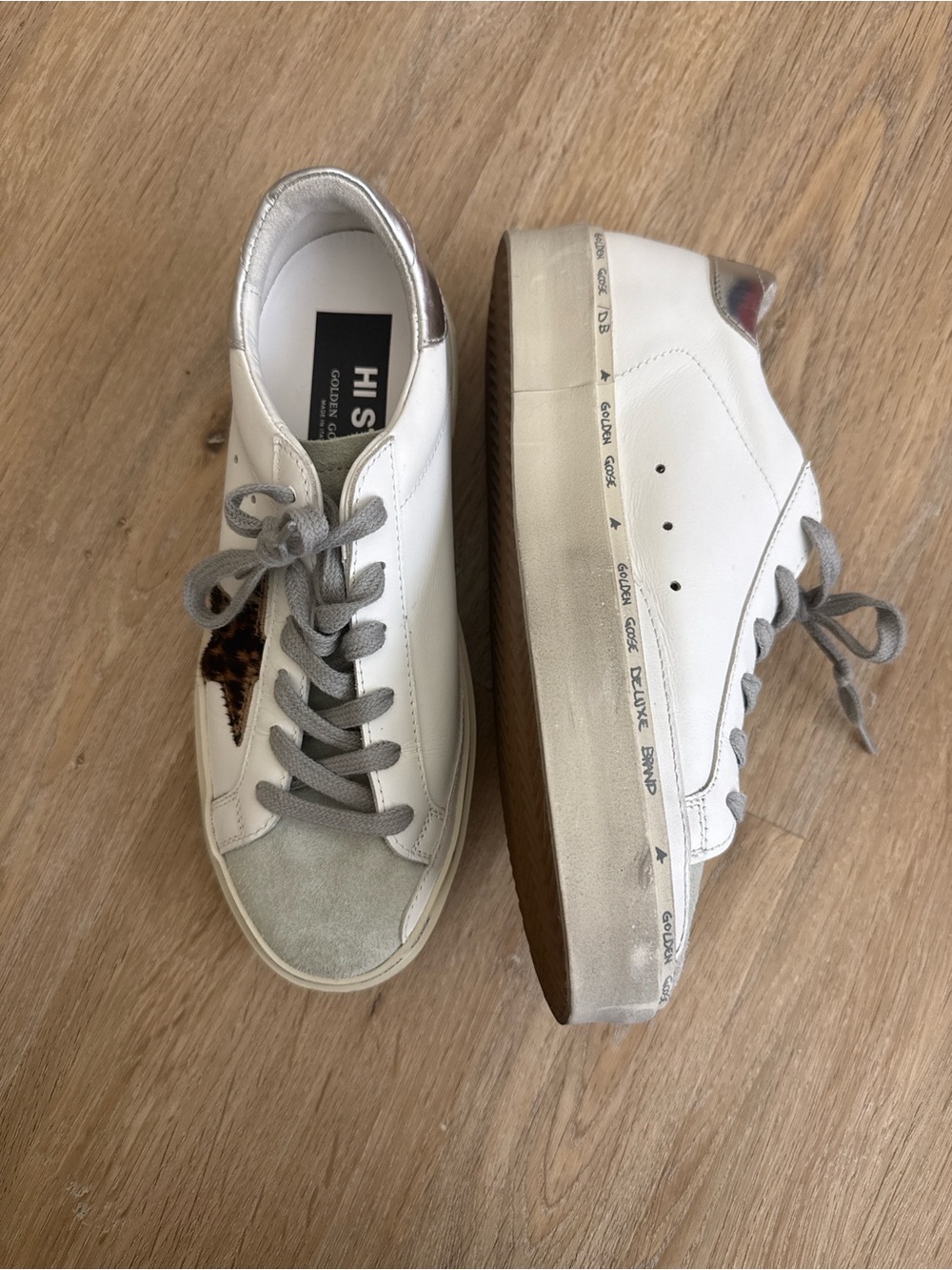 NEW Golden Goose White Sneakers with Gray Laces and Leopard Star 38